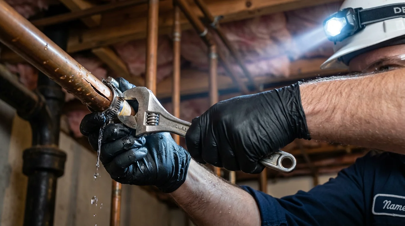 Emergency pipe clamp repair being performed by a Johns Plumbing LLC plumber in Sebastian