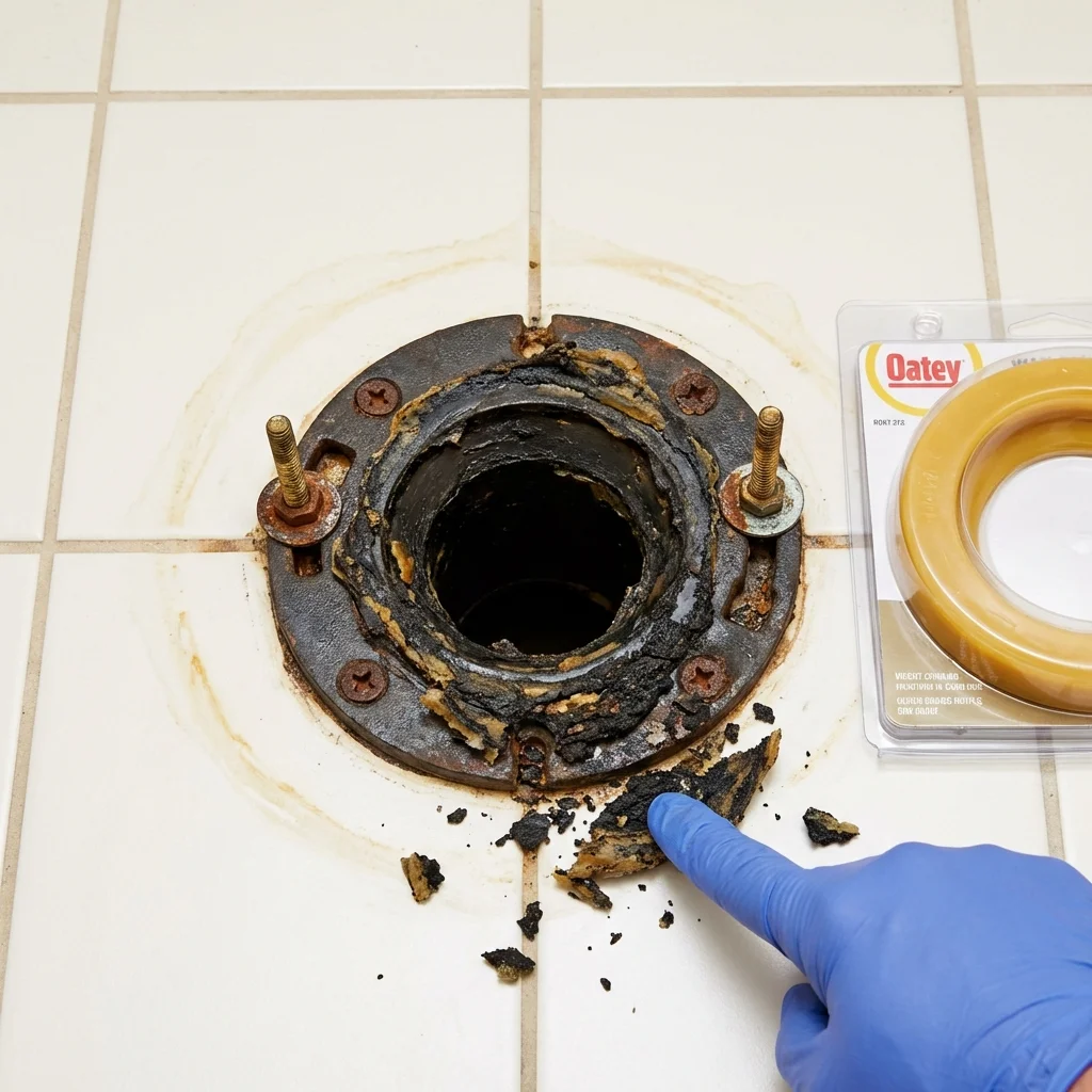 Failed wax ring showing water seepage at the base of a toilet in a Sebastian, FL home