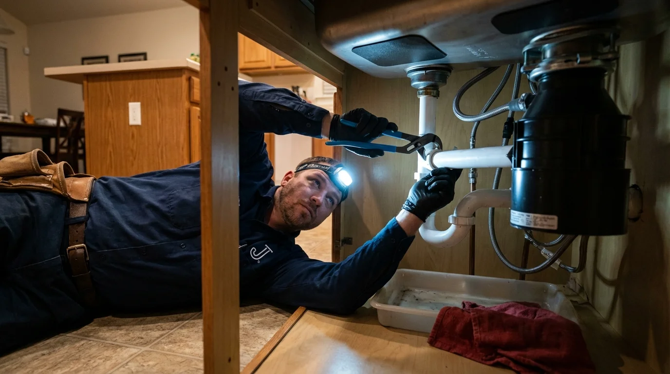 P-trap and supply line connections under a kitchen sink showing a common leak point in Sebastian, FL